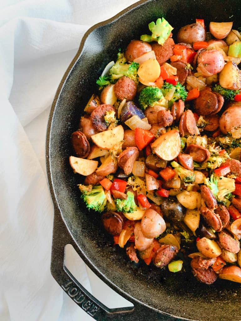 Overhead shot of chorizo sausage breakfast skillet