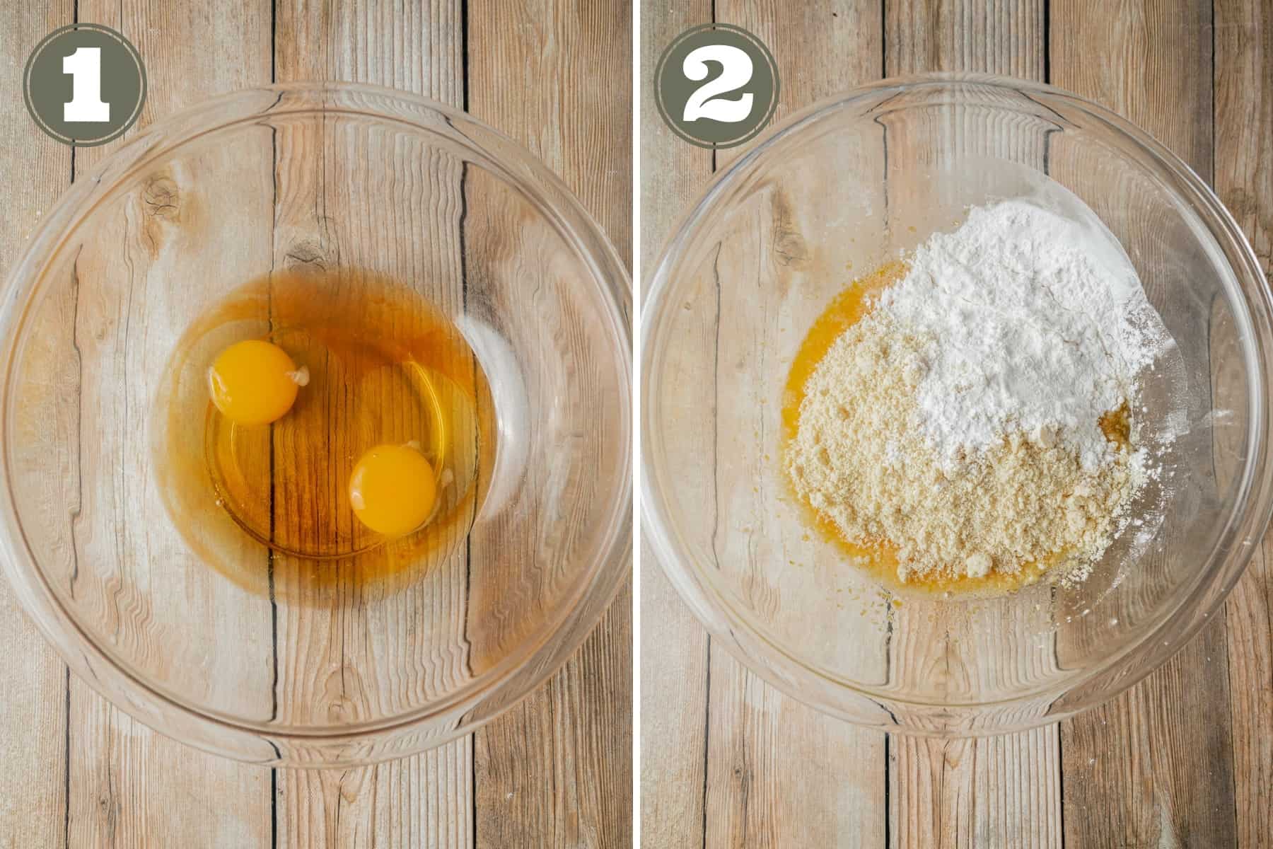 Side by side process shots including wet ingredients mixed in a bowl and dry ingredients added.