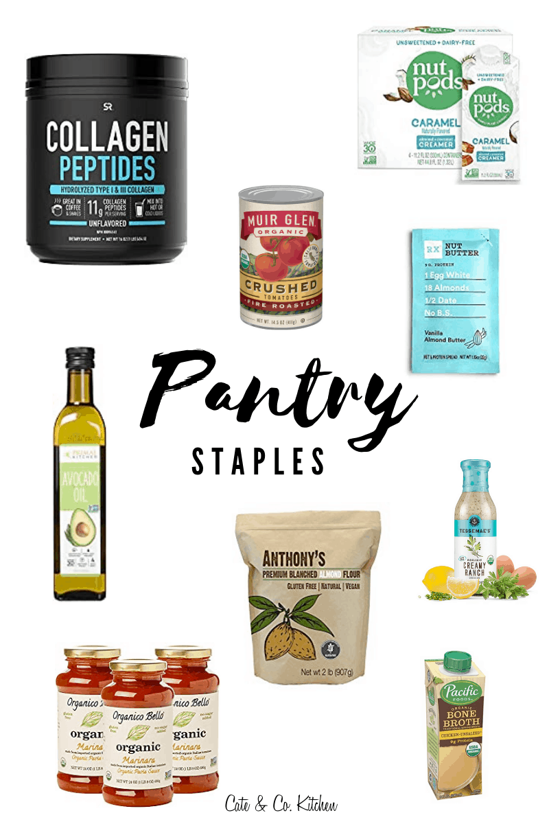 Pantry Staples Text with images of various pantry staples