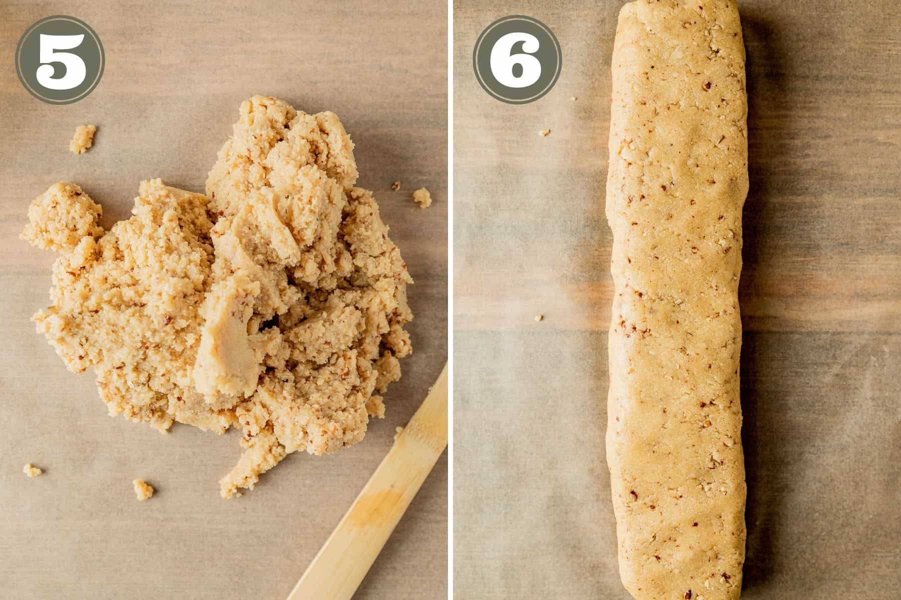 Side by side process shots for shortbread cookies including shaping the dough into a log.