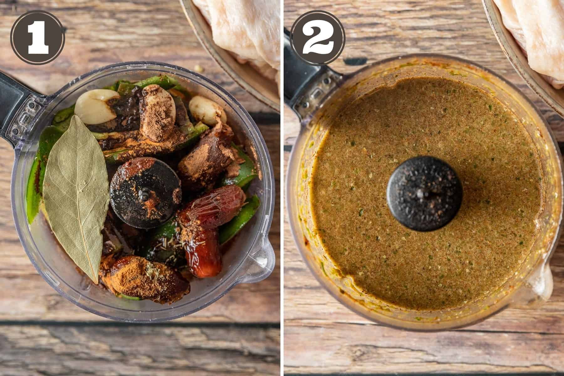 Side by side photos of jerk marinade ingredients in a food processor before and after blending.