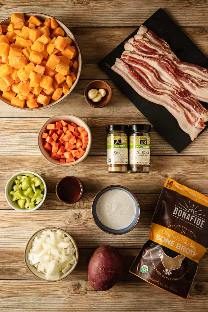 An overview shot of the ingredients needed for instant pot butternut squash soup