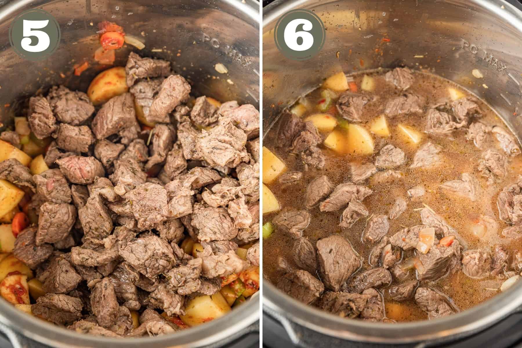 Side by side process shots of the steps to make beef stew including returning meat to instant pot and covering with broth.