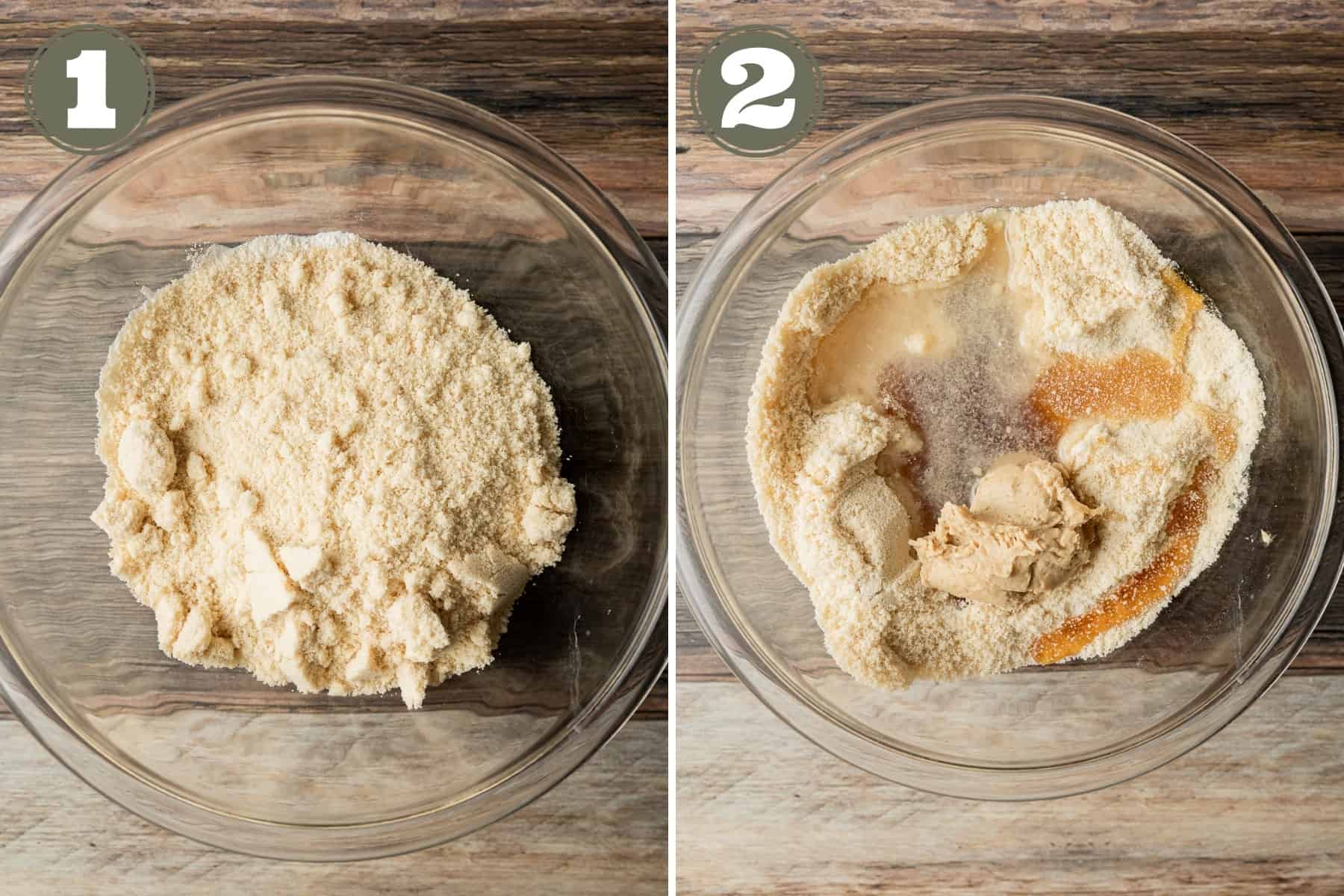 Side by side process shots of the steps to make snickerdoodles including mixing dry and wet ingredients in a glass bowl.