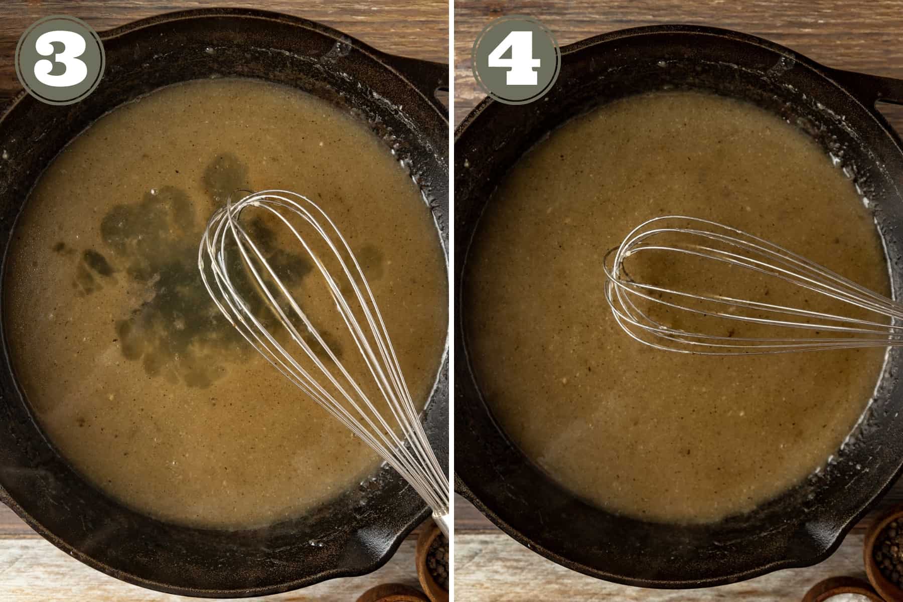A side by side shot of the process to make gravy including whisking in broth and bringing to a boil.