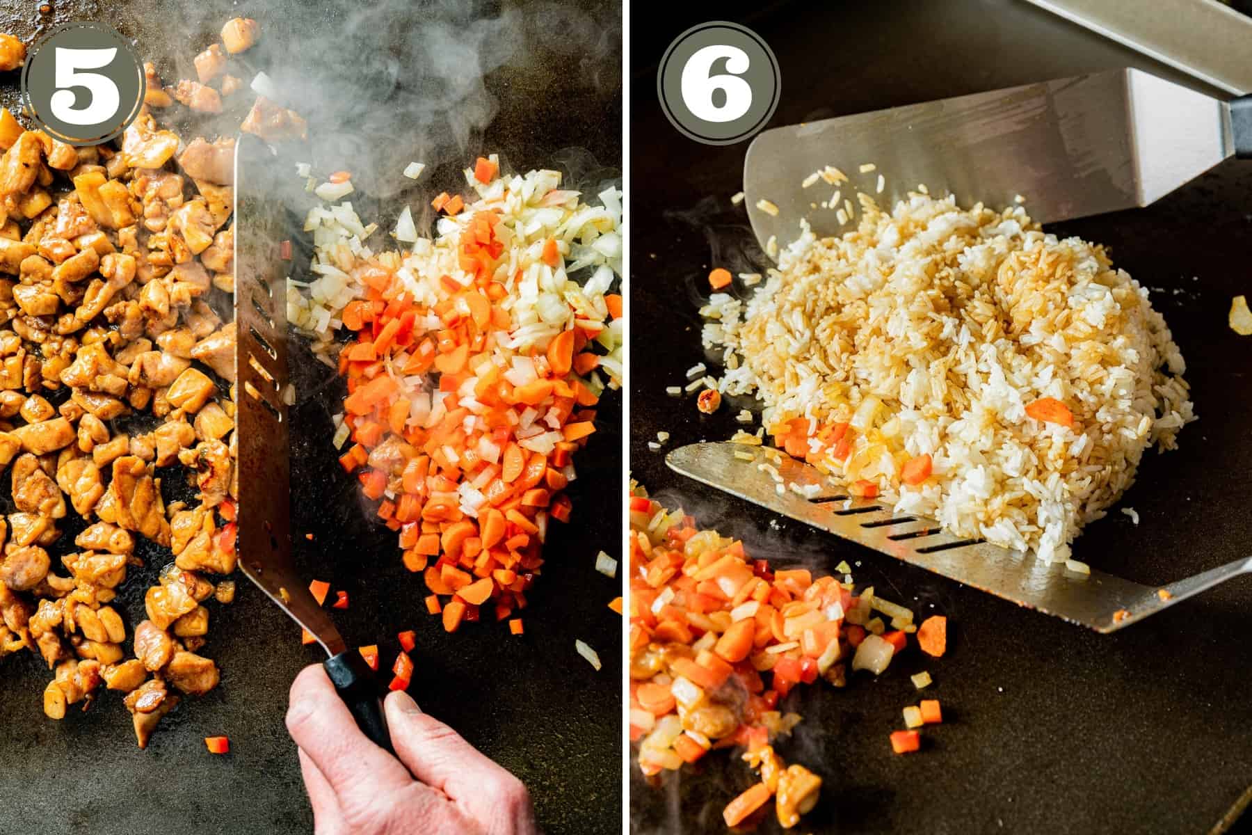 Side by side numbered photos of fried rice being made on a griddle including chicken, veggies, and rice.