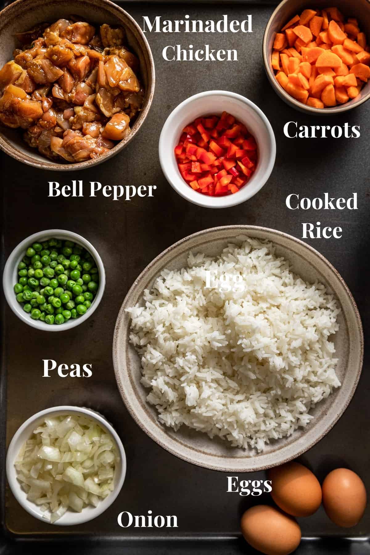 An overview shot of the ingredients needed for chicken fried rice with text.