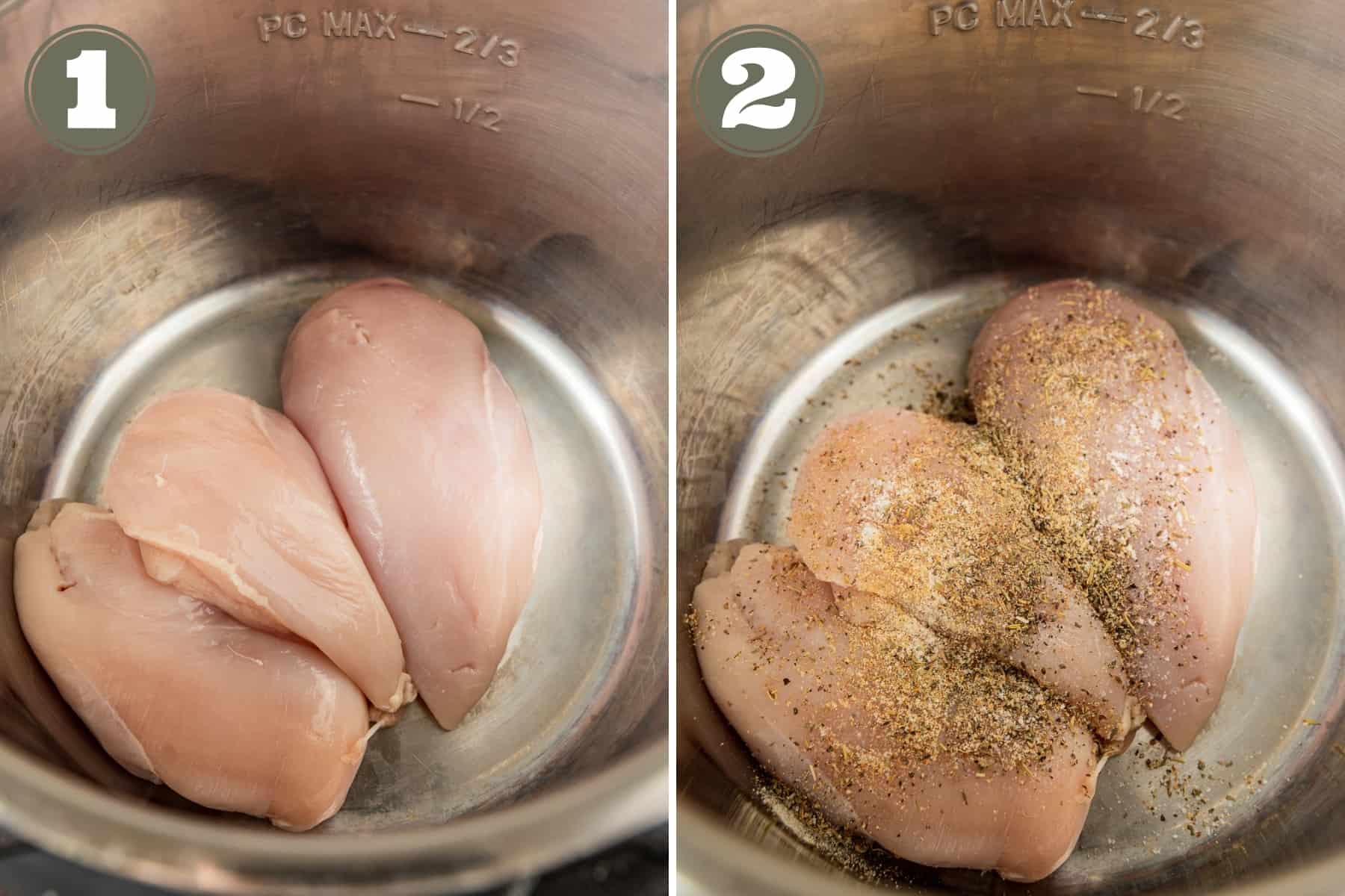 Side by side photos of the process to make instant pot chicken including chicken in the bottom of the instant pot.