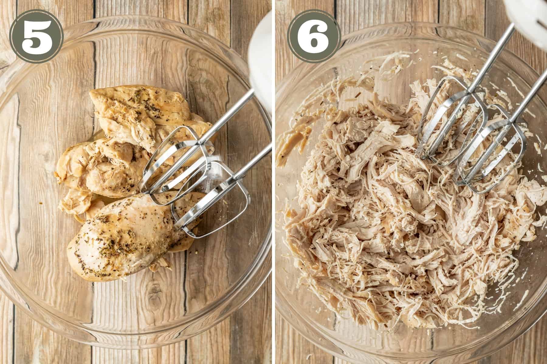 Side by side photos of the process to make instant pot chicken including whole chicken breasts in a bowl as well as a bowl of shredded chicken breast near a hand mixer.