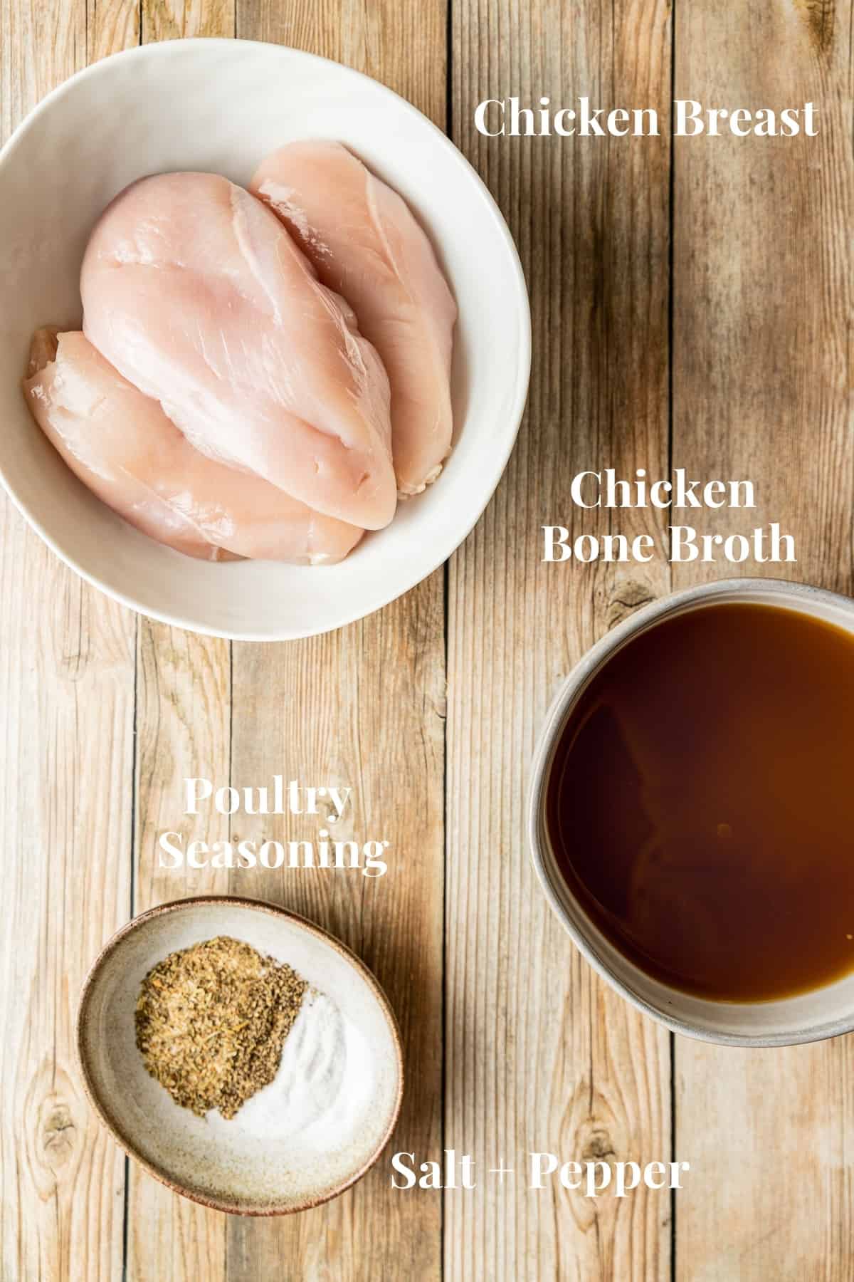 An overview shot of the ingredients needed for instant pot shredded chicken.
