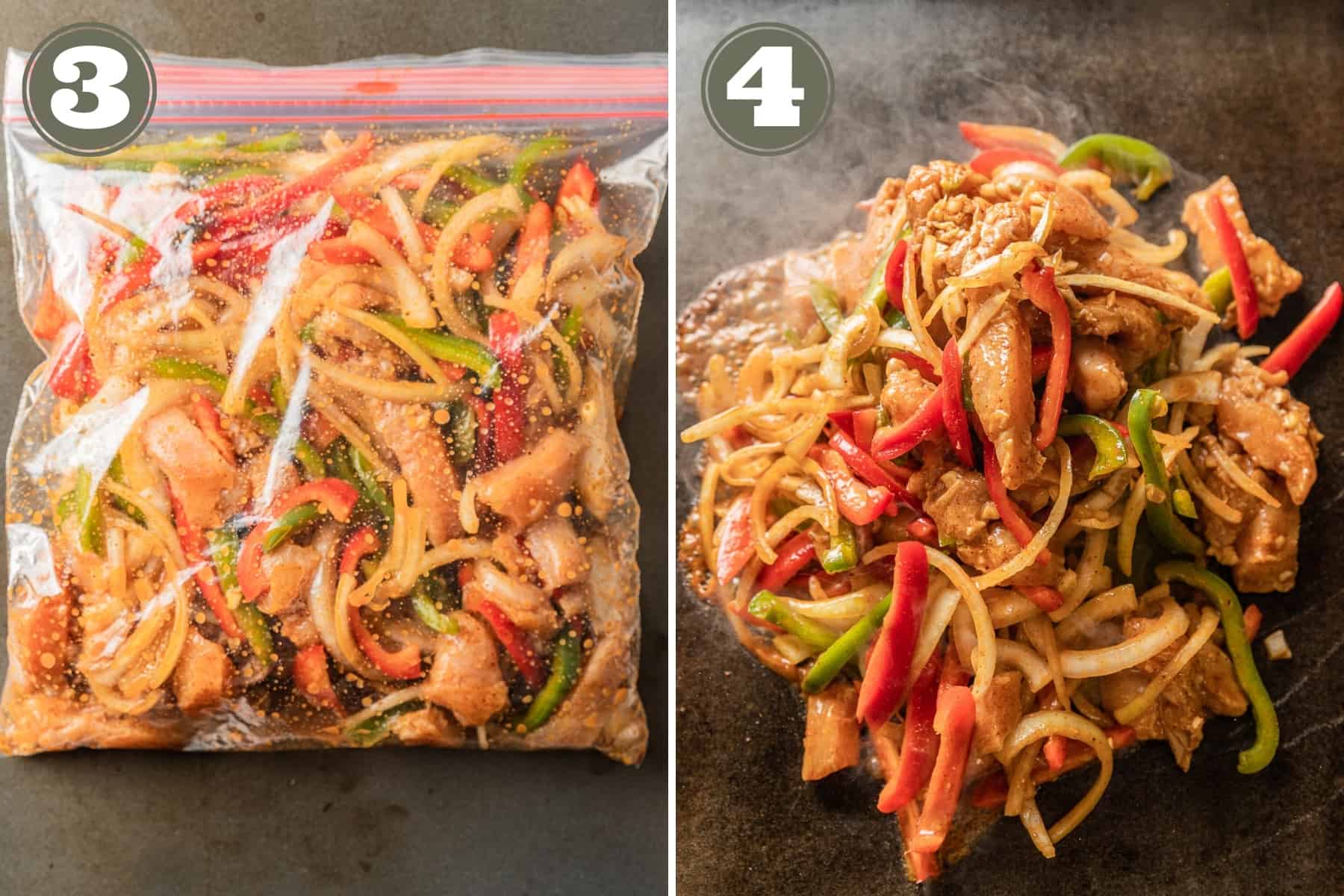 A series of process shots for fajitas including the ingredients marinading in a bag and being cooked on a blackstone griddle.
