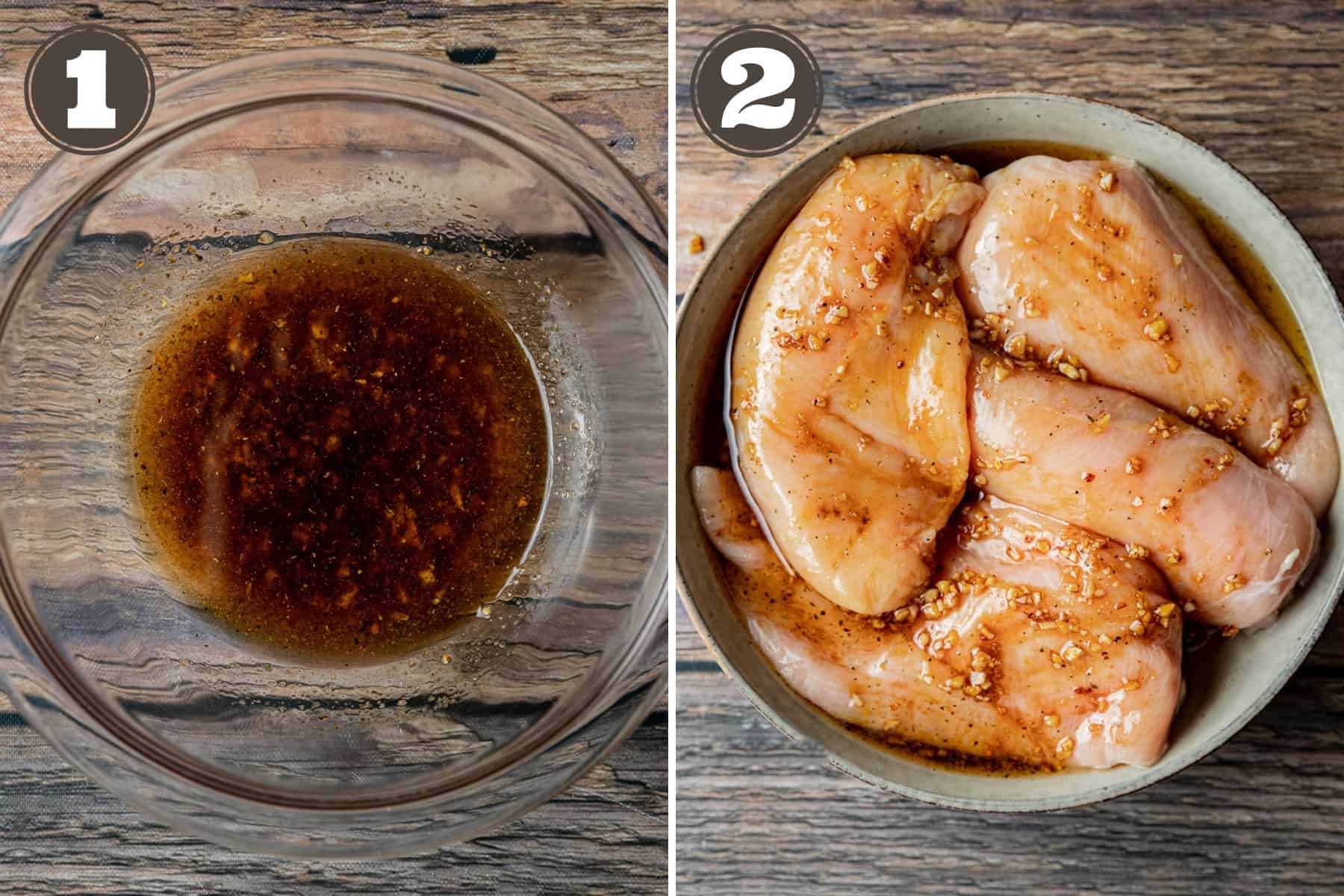 A side by side process shot of chicken marinade in a bowl and a chicken marinading in a bowl.