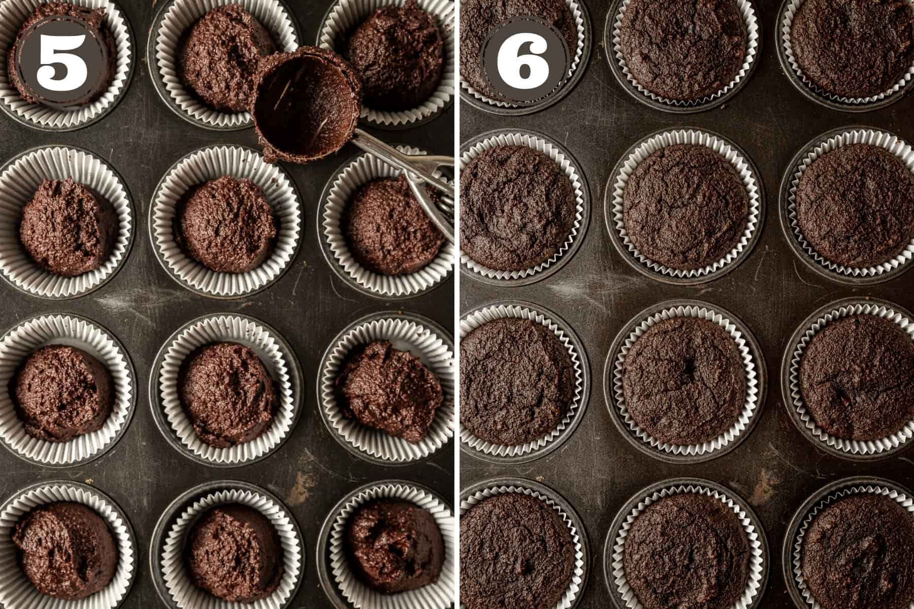 Side by side photos showing a cupcake pan with chocolate batter before baking and after baking.