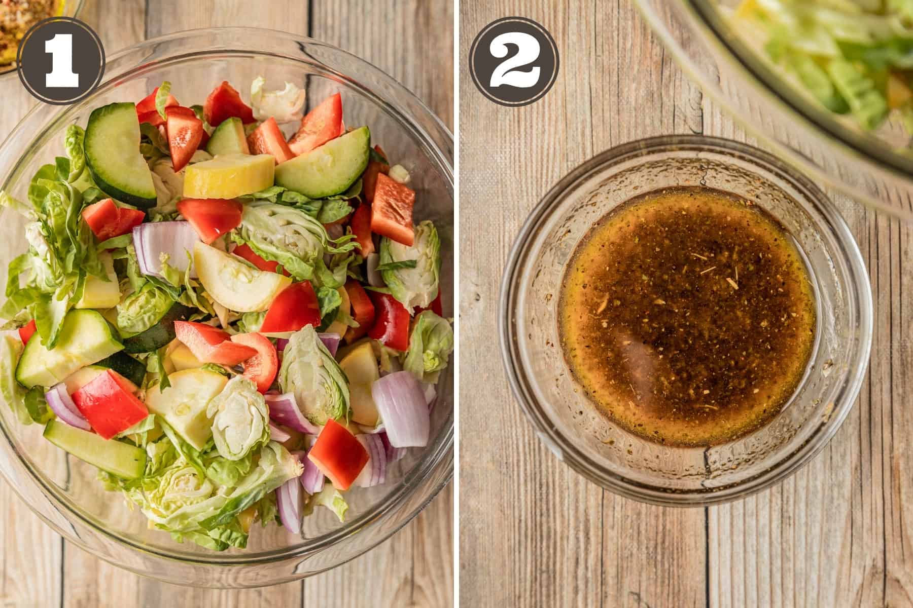 Side by side photos showing mixed veggies in a glass bowl and marinade ingredients being mixed in a small bowl.