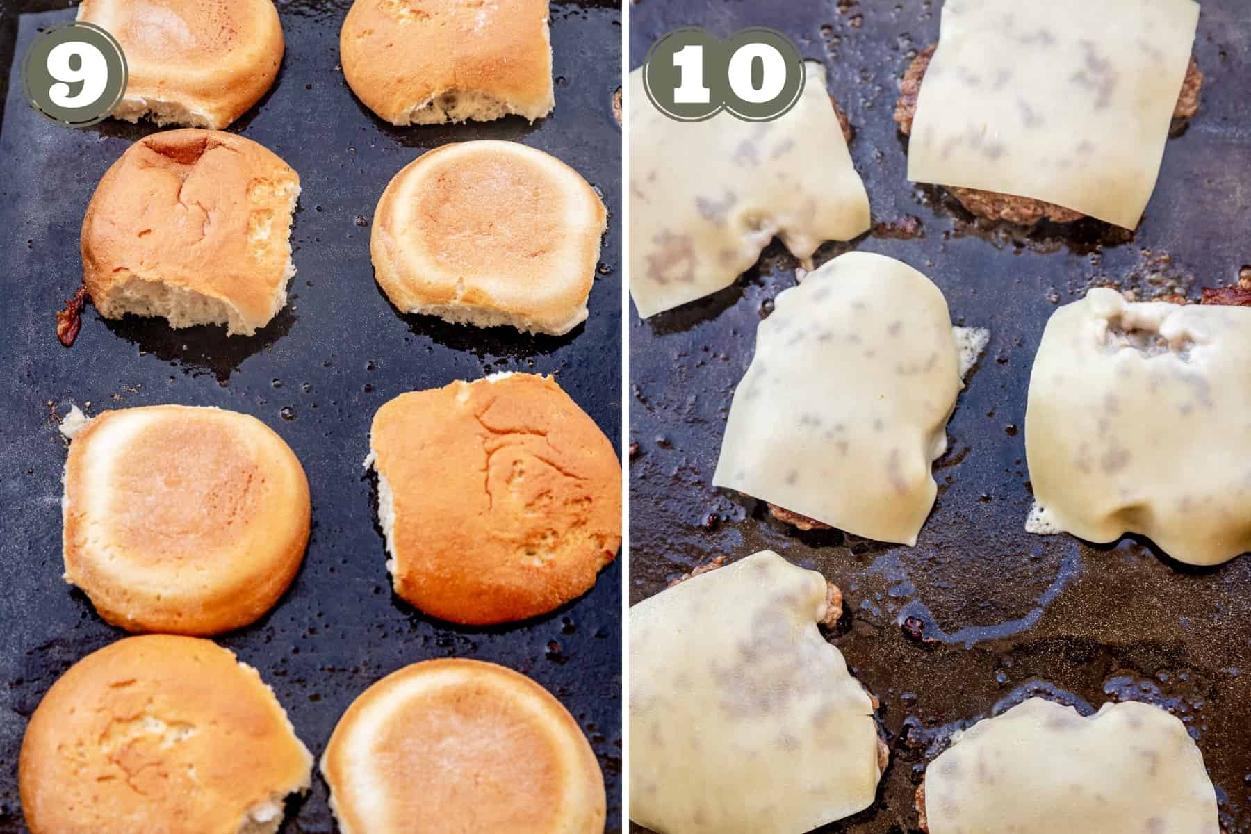 Side by side photos showing hamburger buns toasting on a griddle and smash burgers topped with a slice of cheese.