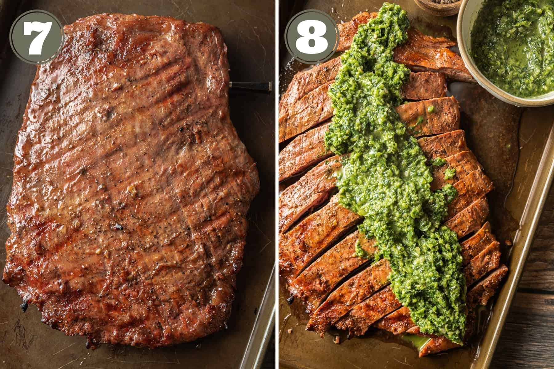 Side by side photos of a reverse seared flank steak off the grill and then sliced and topped with chimichurri sauce.