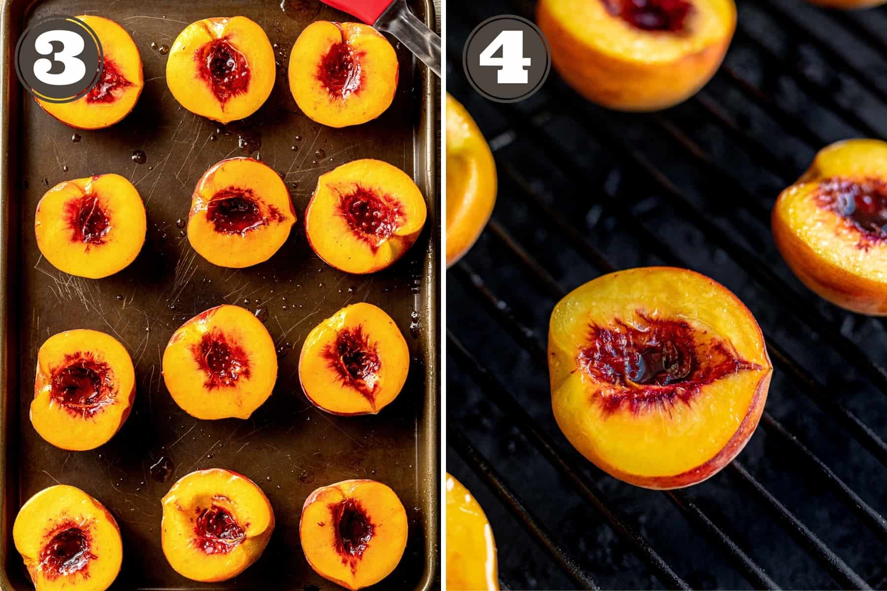 Side by side photos of halved peaches brushed with honey and olive oil and peach halves smoking on a traeger grill.