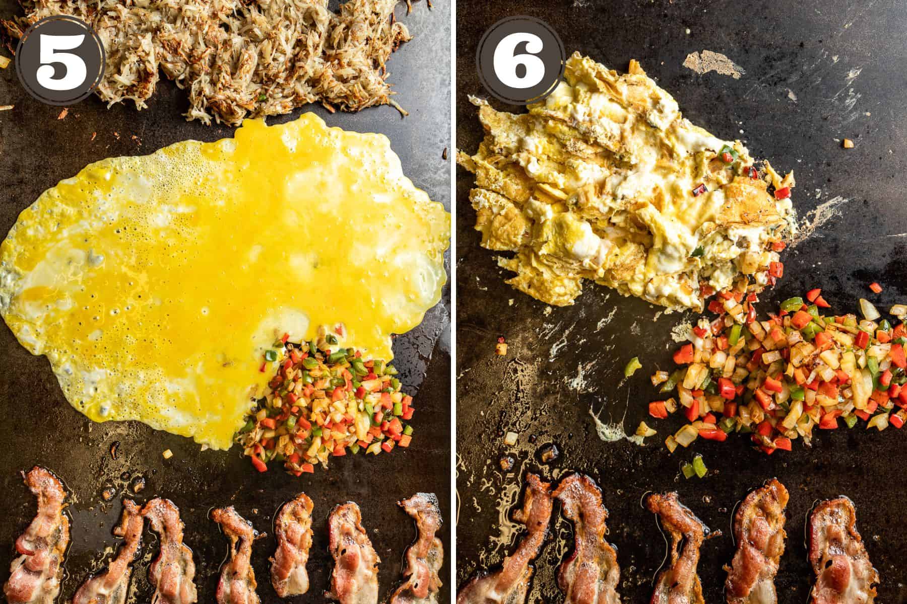 Side by side photos of scrambled eggs on a blackstone near bacon, hash browns, and veggies.