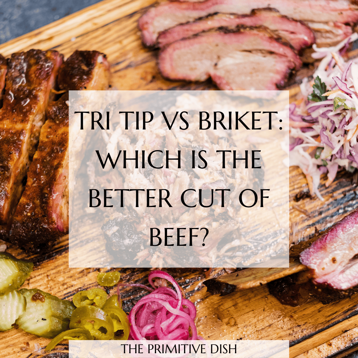 Sliced brisket on a wood cutting board near veggies with a text overlay reading tri tip vs brisket: which is the better cut of beef
